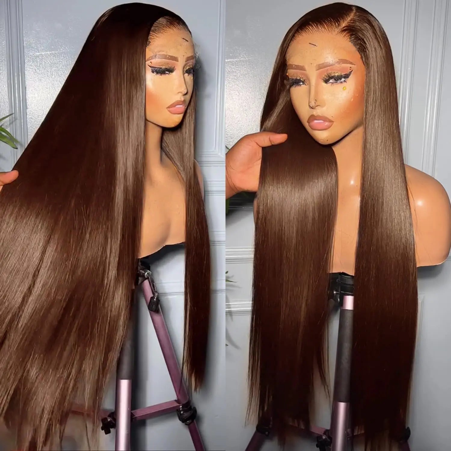 Perruque Lace Front HD Chocolat Brun Os Lisse 13x4 13x6, 38 pouces, Cheveux Humains Pré-épilés, Couleur #4