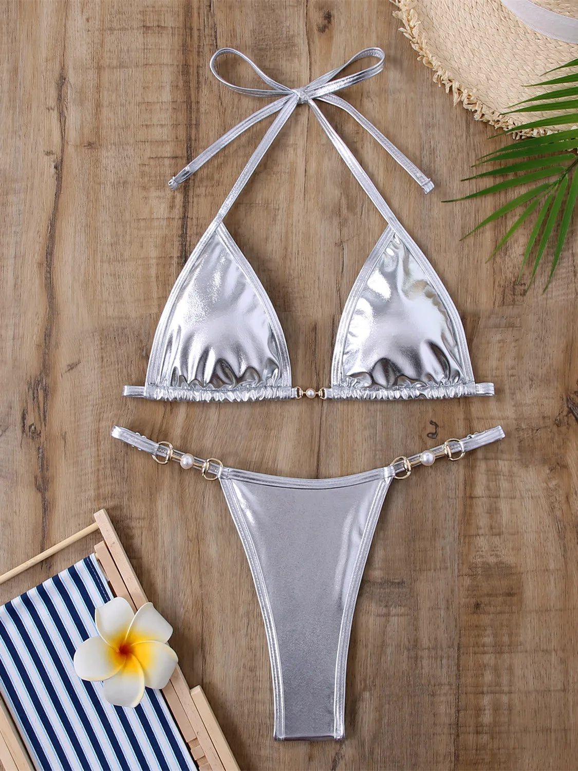 Micro bikini rose brillant 2025 Femme Sexy PU Perles Push-up String Maillot de bain été Maillot de bain bandage vacances