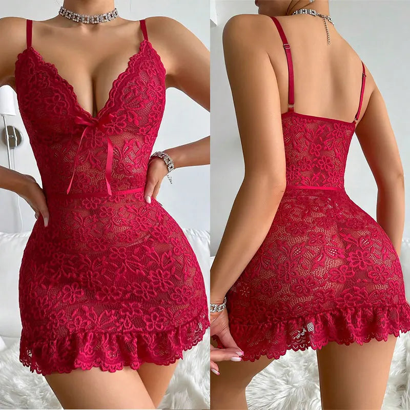 Minivestido de mujer sin mangas, sin espalda, pijama porno, encaje floral, ropa de dormir erótica + tangas, vestidos cortos transparentes y sexys