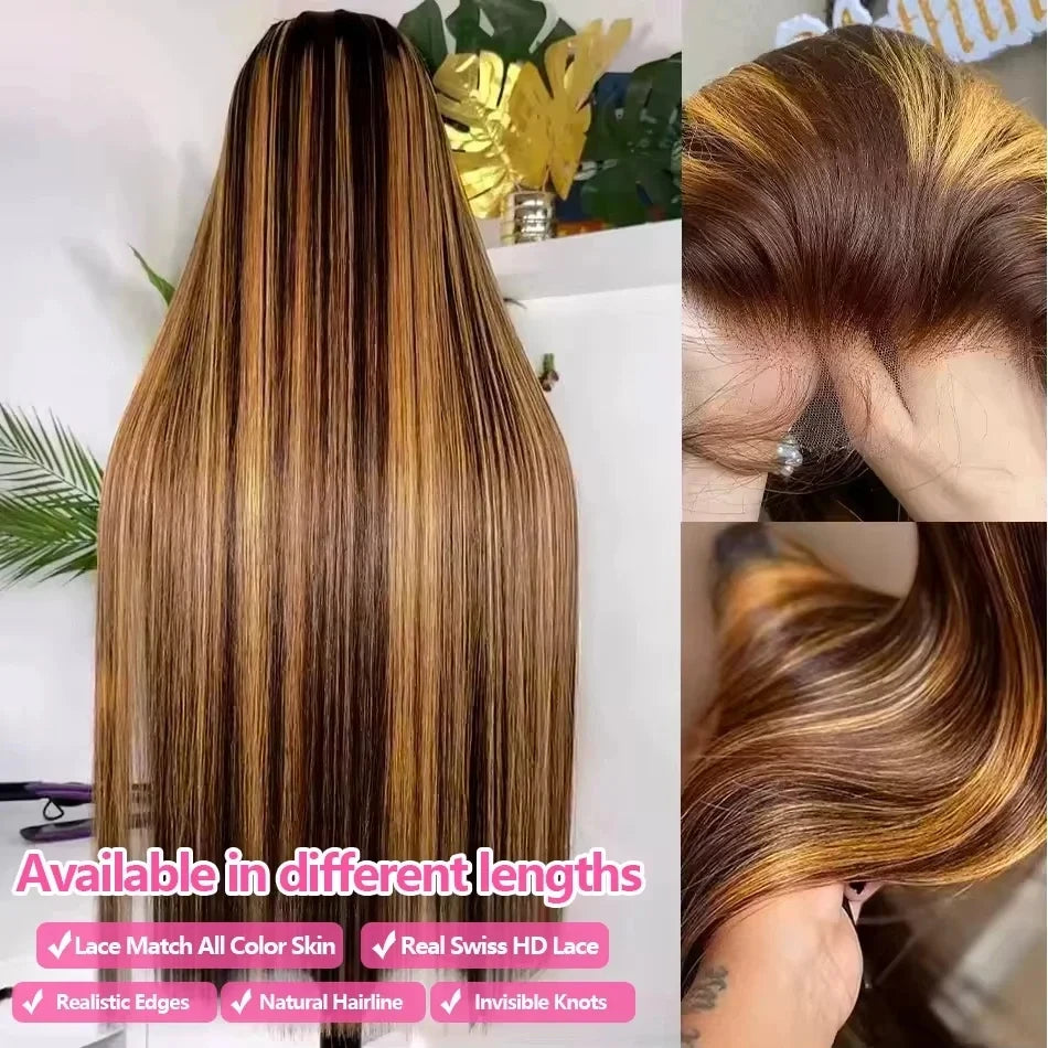 38 Inch Straight Human Hair Wigs Highlight Wig Human Hair 13x6 Hd Lace Frontal Wig Straight Wig 13x4 4/27 Honey Blond Ombre Wig