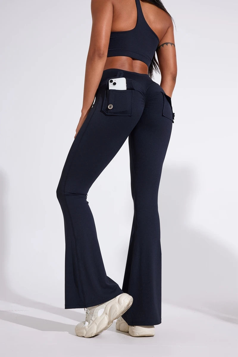 Pantalon de yoga taille haute à poches pour femme DIAS FIT JOY, effet push-up, séchage rapide, idéal pour la course, le sport et la salle de gym.