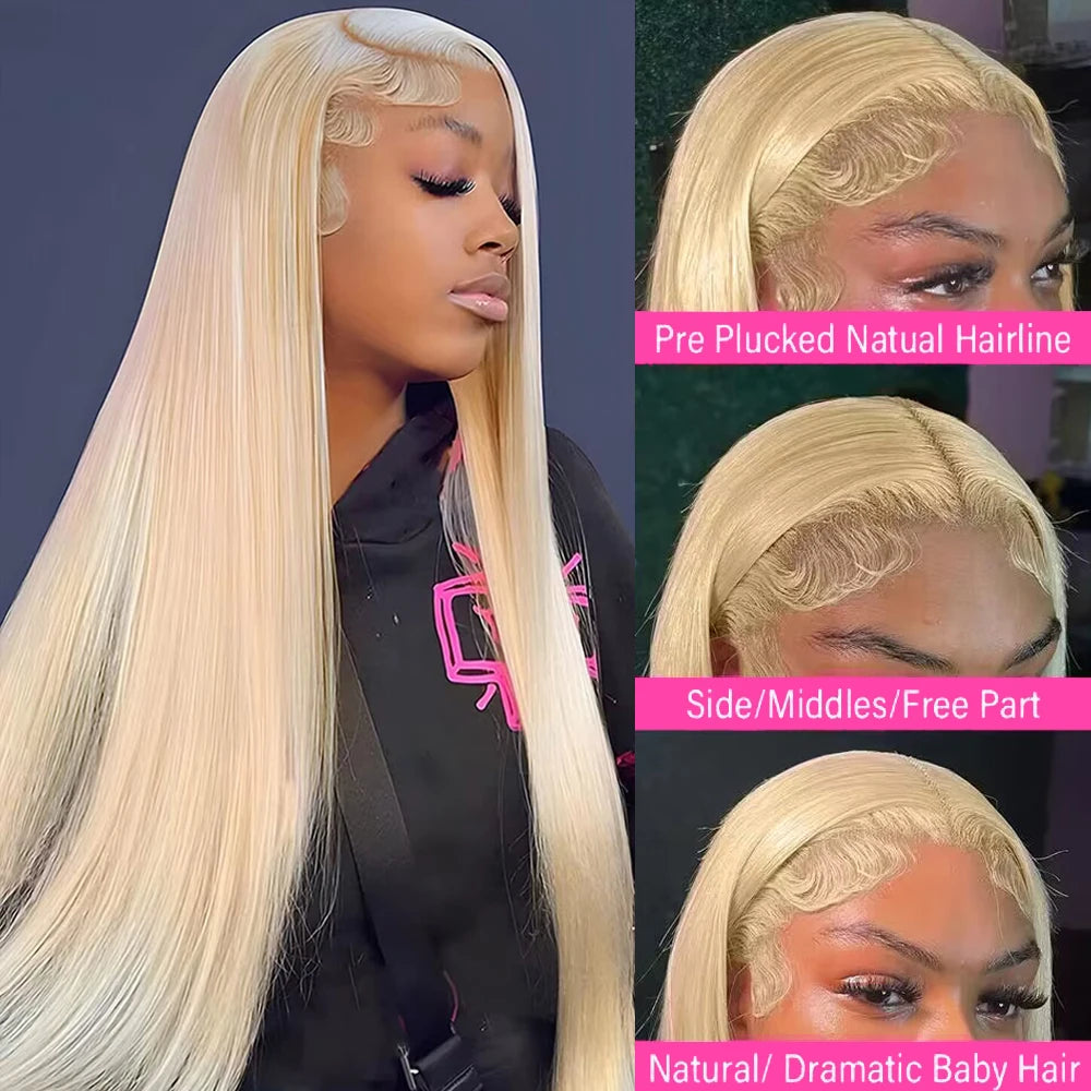 Perruque en cheveux humains blonds raides, transparente HD 613, avec lace front 13x4 ou 13x6, style brésilien, pré-épilée.