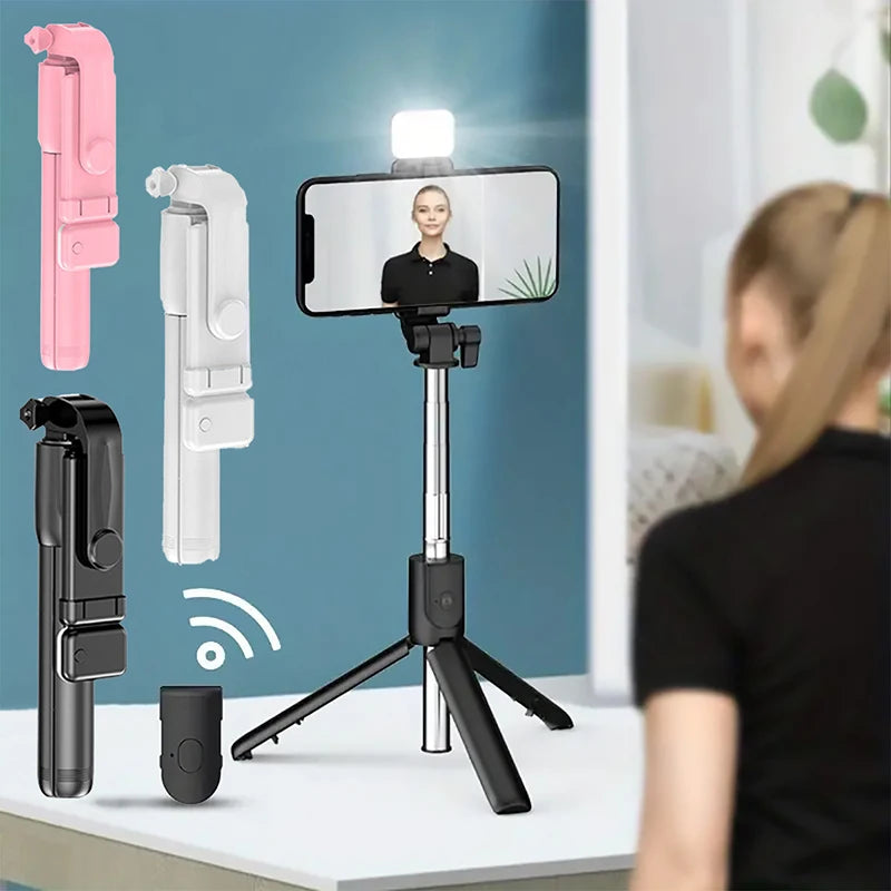 Perche à selfie sans fil avec support de téléphone, mini trépied multifonctionnel rétractable de 74 cm, lampe selfie LED et déclencheur à distance Bluetooth.