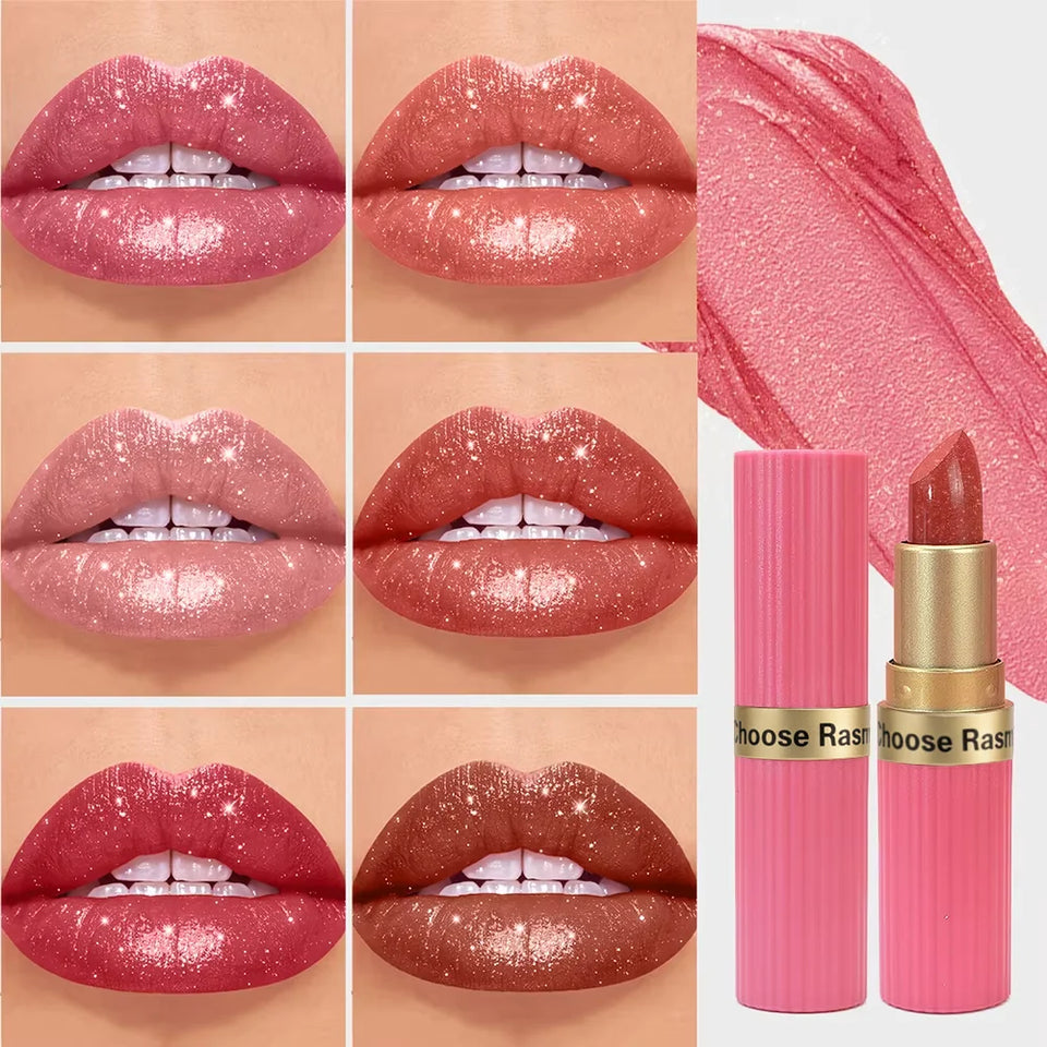 Rouge à lèvres rose nacré à paillettes veloutées métallisé waterproof longue tenue, fini mat scintillant diamant, maquillage femme