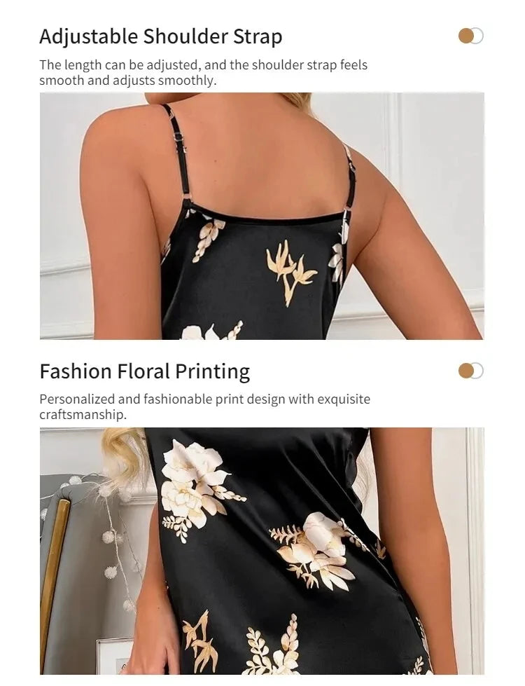 Vêtements de nuit pour femmes, vêtements d'intérieur, nuisette sexy noire à imprimé floral, chemises de nuit en soie, chemises de nuit pour femmes
