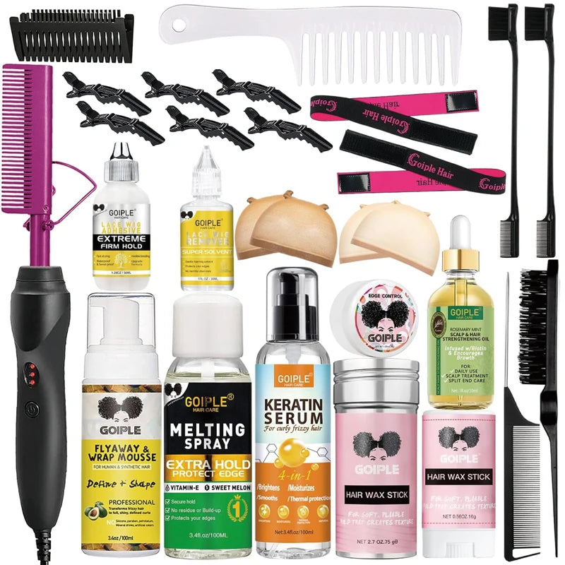 GOIPLE Peigne chauffant électrique, lisseur, fer à friser, brosse à friser, outils de coiffage pour le soin des cheveux, kit de coiffage pour perruques en dentelle