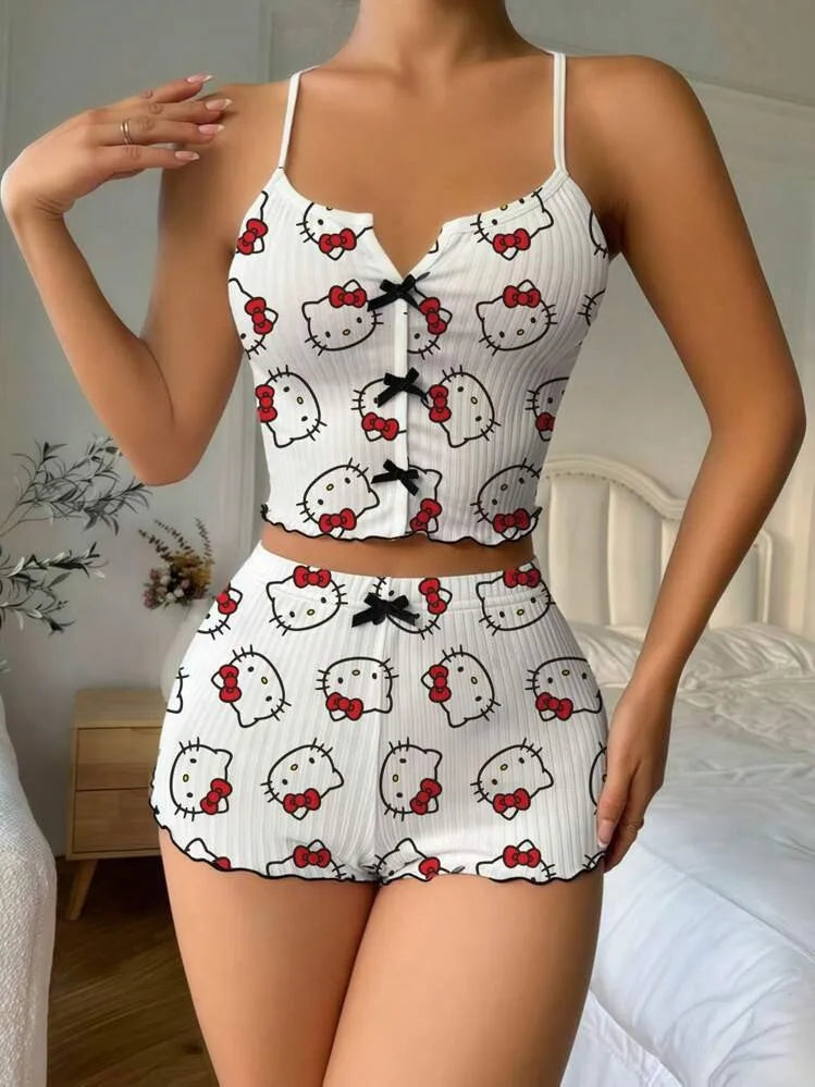 Ensemble pyjama short à bretelles courtes Spice Girl, nouveau dessin animé Hello Kitty, débardeur fin, short, idéal pour se détendre à l'extérieur.