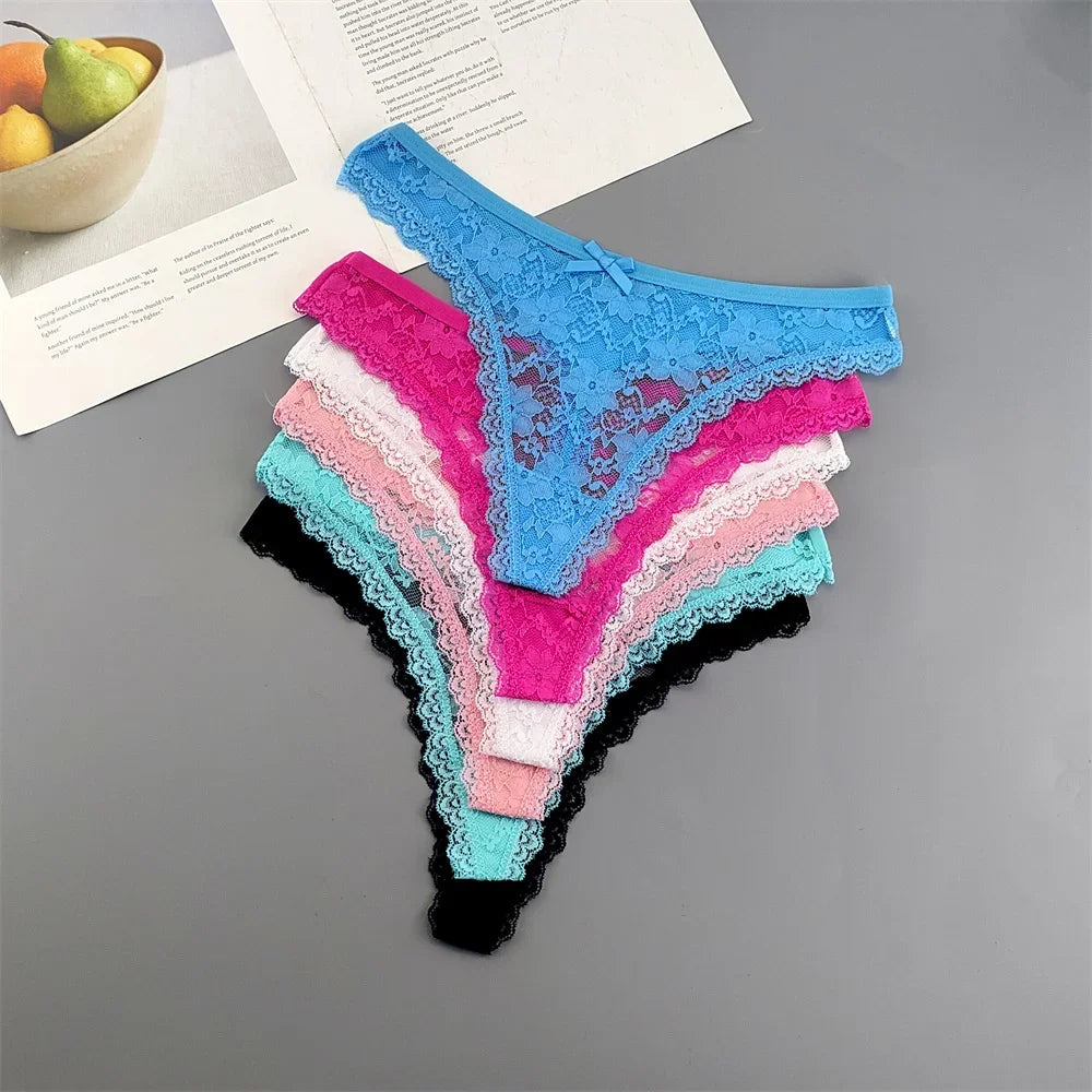 Lot de 3 culottes string sexy en dentelle transparente pour femme, sans coutures, style bikini, taille basse, tailles S à XXL