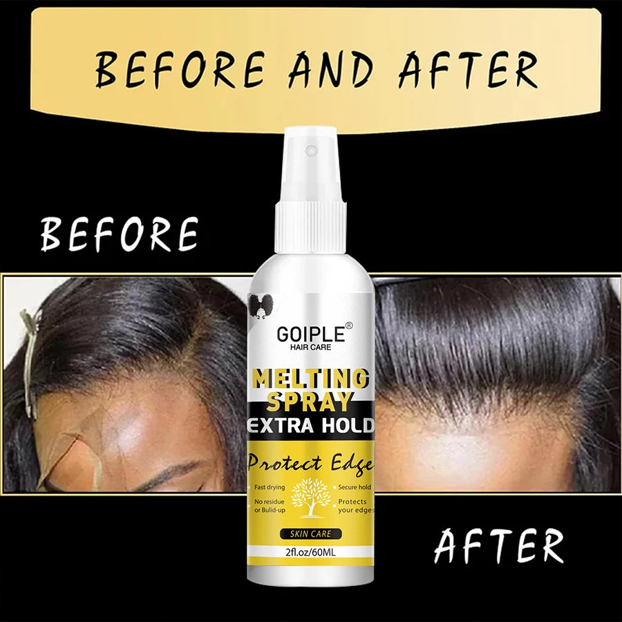 Spray fondant à séchage rapide, imperméable et puissant, dissolvant pour colle à perruque, cire lissante en bâtonnet, gel ou outil pour contrôler les frisottis et la ligne des cheveux.
