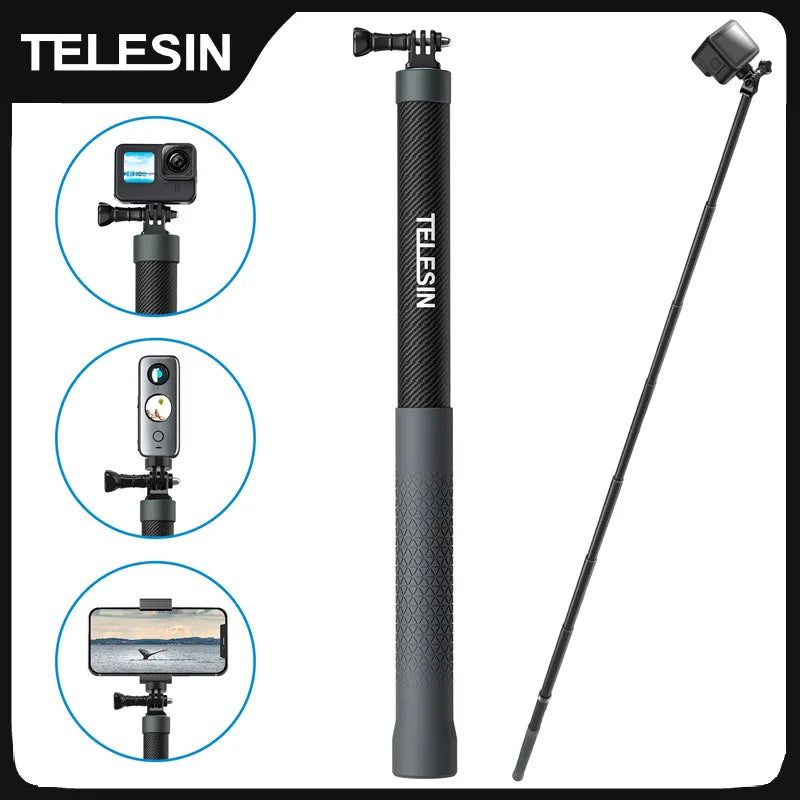 Perche à selfie monopode extensible TELESIN en fibre de carbone de 1,2 m x 3 m, avec vis 1/4", compatible avec les caméras d'action GoPro, Insta360, Osmo Action et DJI.