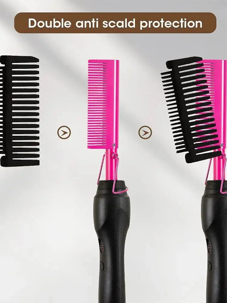 Peigne chauffant électrique rose, fer à lisser pour cheveux, barbe et perruques, utilisable sur cheveux secs ou mouillés.