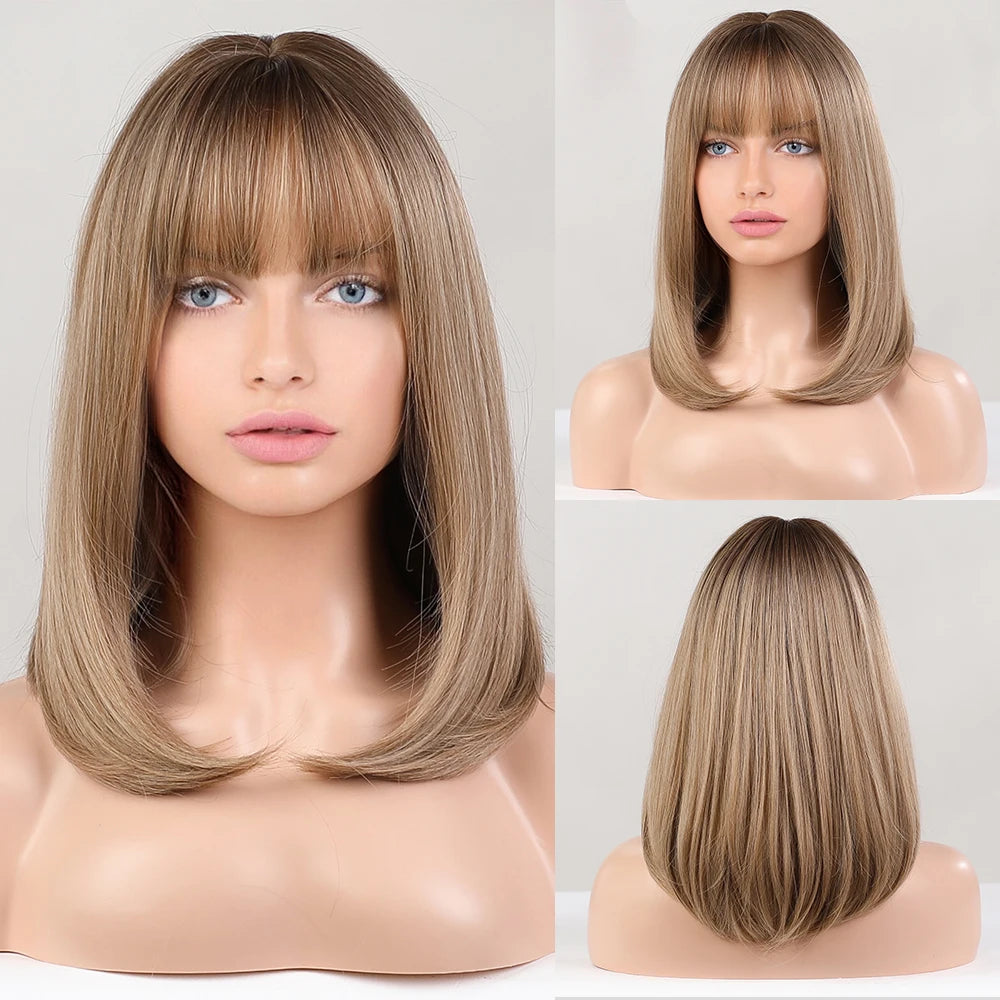 Perruque synthétique blanche, blonde et grise avec frange, coupe courte et lisse, idéale pour le cosplay et le quotidien. Cheveux naturels et résistants à la chaleur.