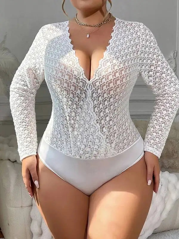 Sexy White Lace Sheer Bodysuits Elegant Long Sleeve New Hollow Out Inner Wear Women's Bodysuits Transparent V Neck Charming 8ABE
