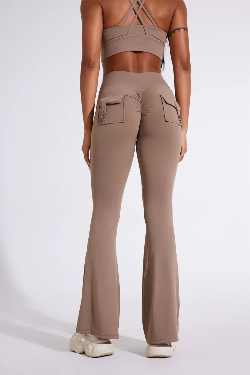 Pantalon de yoga taille haute à poches pour femme DIAS FIT JOY, effet push-up, séchage rapide, idéal pour la course, le sport et la salle de gym.