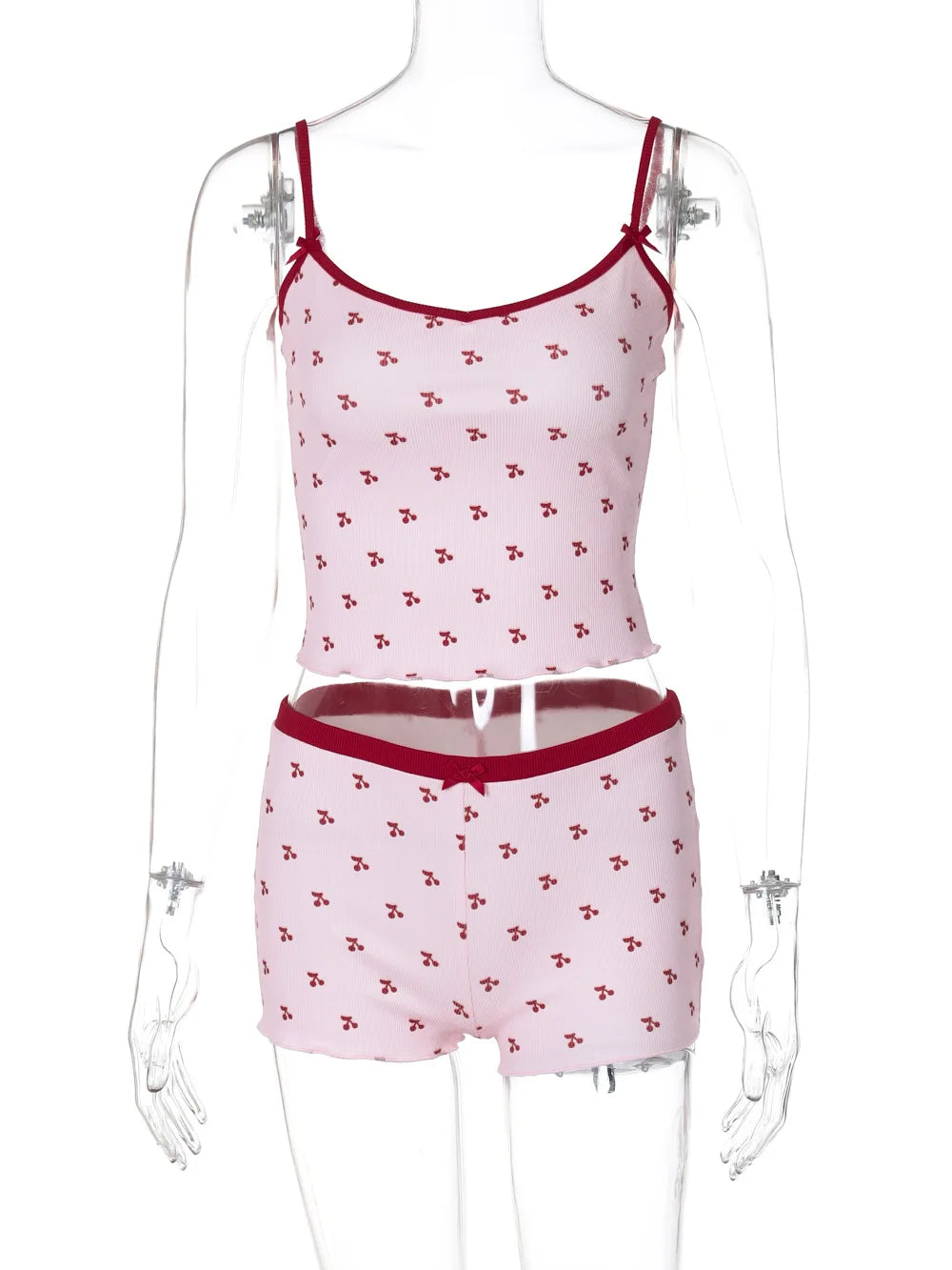 Ensemble pyjama 2 pièces Kawaii pour femme, débardeur sans manches et short à imprimé cerises, vêtement de nuit doux et confortable.