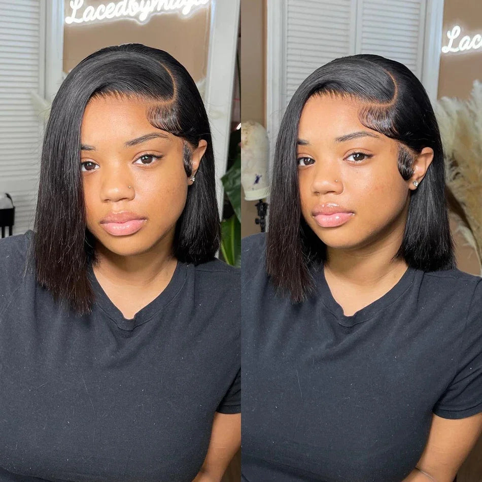 Perruque courte et lisse 13x4 avec lace front transparente 4x4, densité 200%, 100% cheveux humains, pré-épilée, pour femmes noires, 12 à 16 pouces.