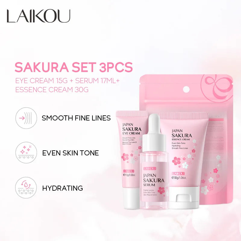 Set de 3 piezas LAIKOU Vitamina C 24K Golden Sakura Kit de cuidado facial Crema facial Sérum Crema para ojos Hidratante Antiarrugas