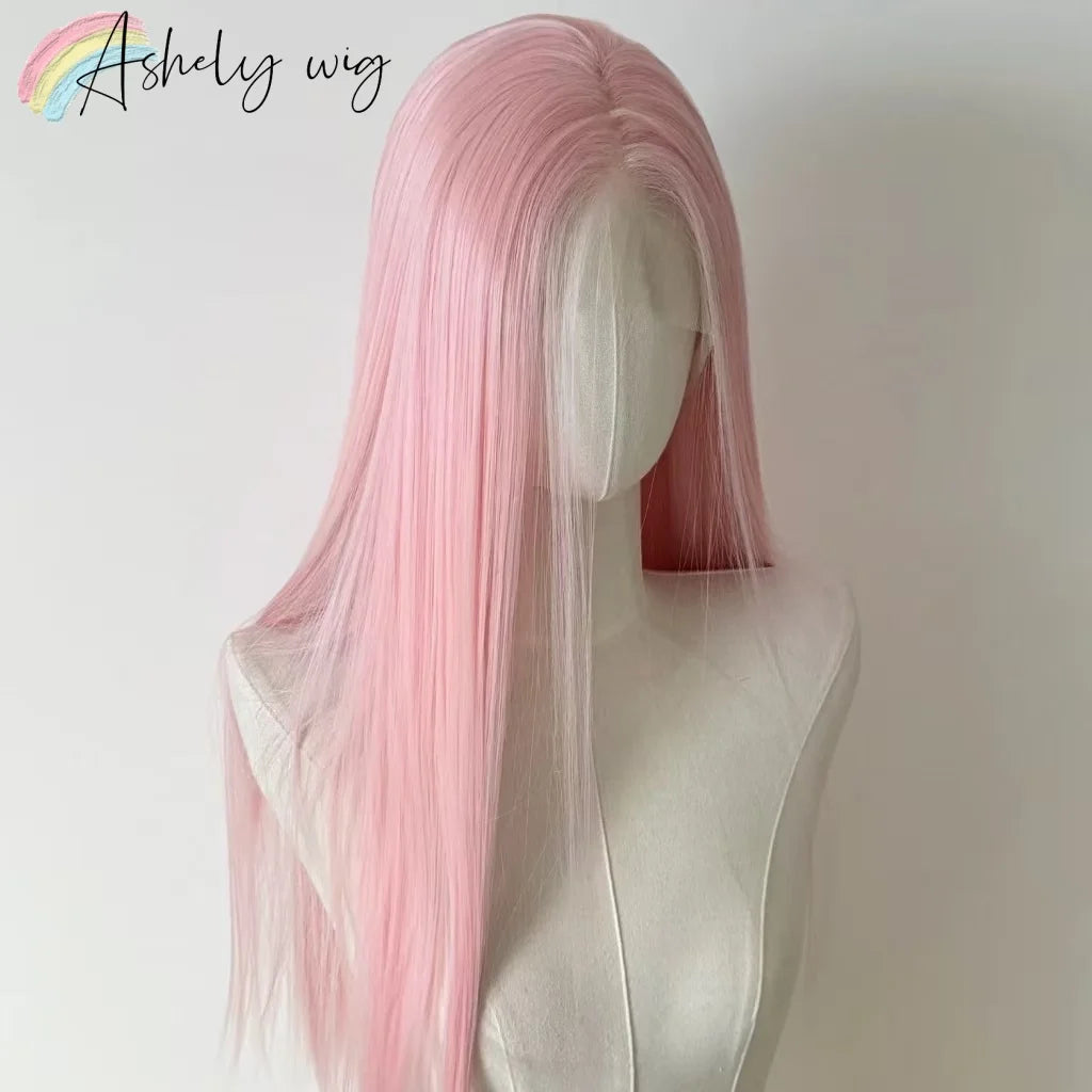 Perruque rose clair pour femme, perruque frontale en dentelle 13x4, 66 cm de long, lisse, en fibres synthétiques douces et naturelles résistantes à la chaleur, perruque cosplay