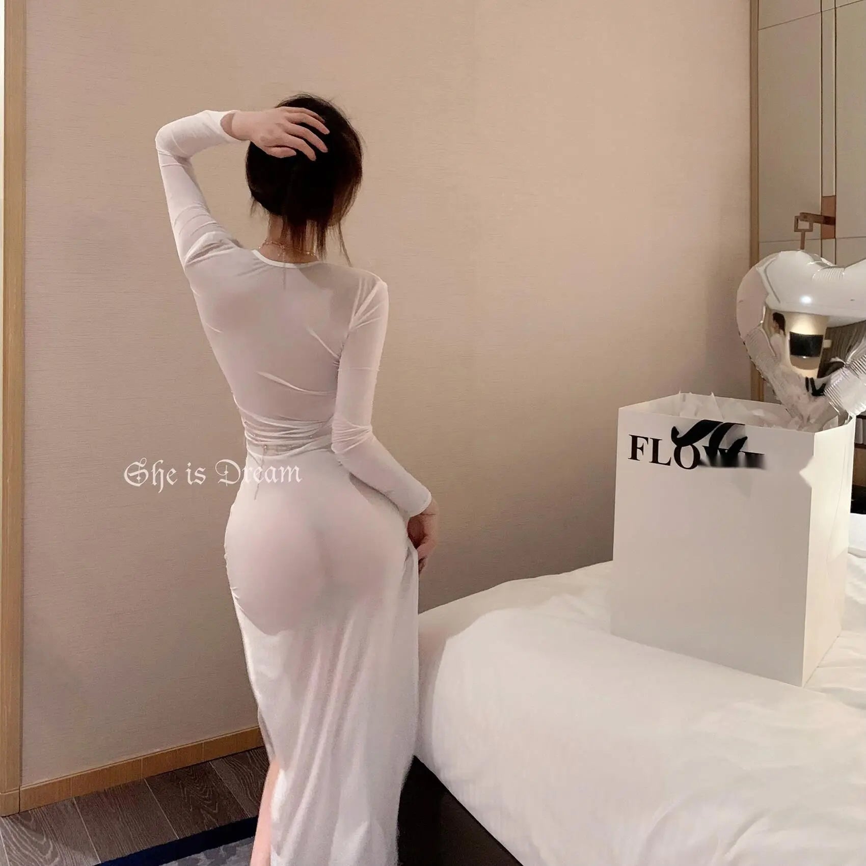 Robe longue maxi sexy et transparente en soie glacée, dentelle et tulle, collection été 2023, style coréen, blanche (I4SM)