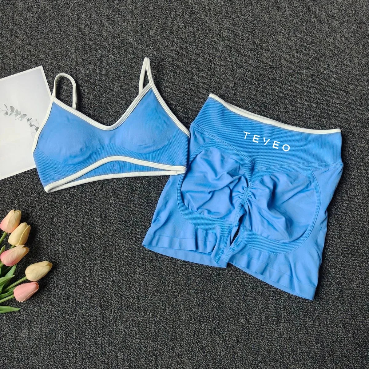 TEVEO 2pcs Women's Sports Yoga Shorts Fitness Cycling Elastic Sports Pants Ignite Sculpt Scrunch Short Yoga Bra Set leggings