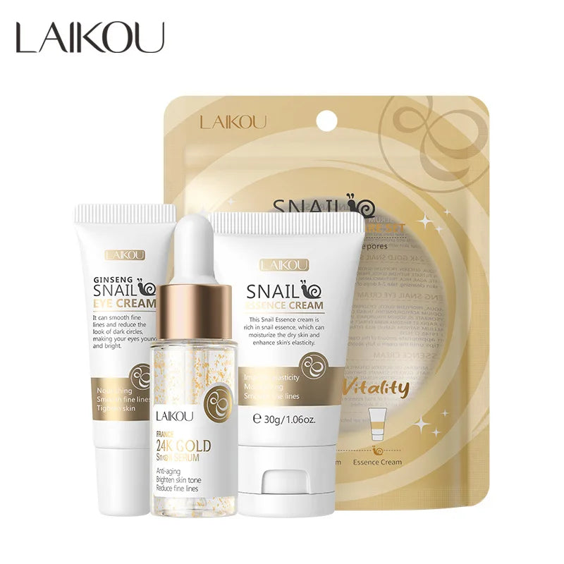 Set de 3 piezas LAIKOU Vitamina C 24K Golden Sakura Kit de cuidado facial Crema facial Sérum Crema para ojos Hidratante Antiarrugas