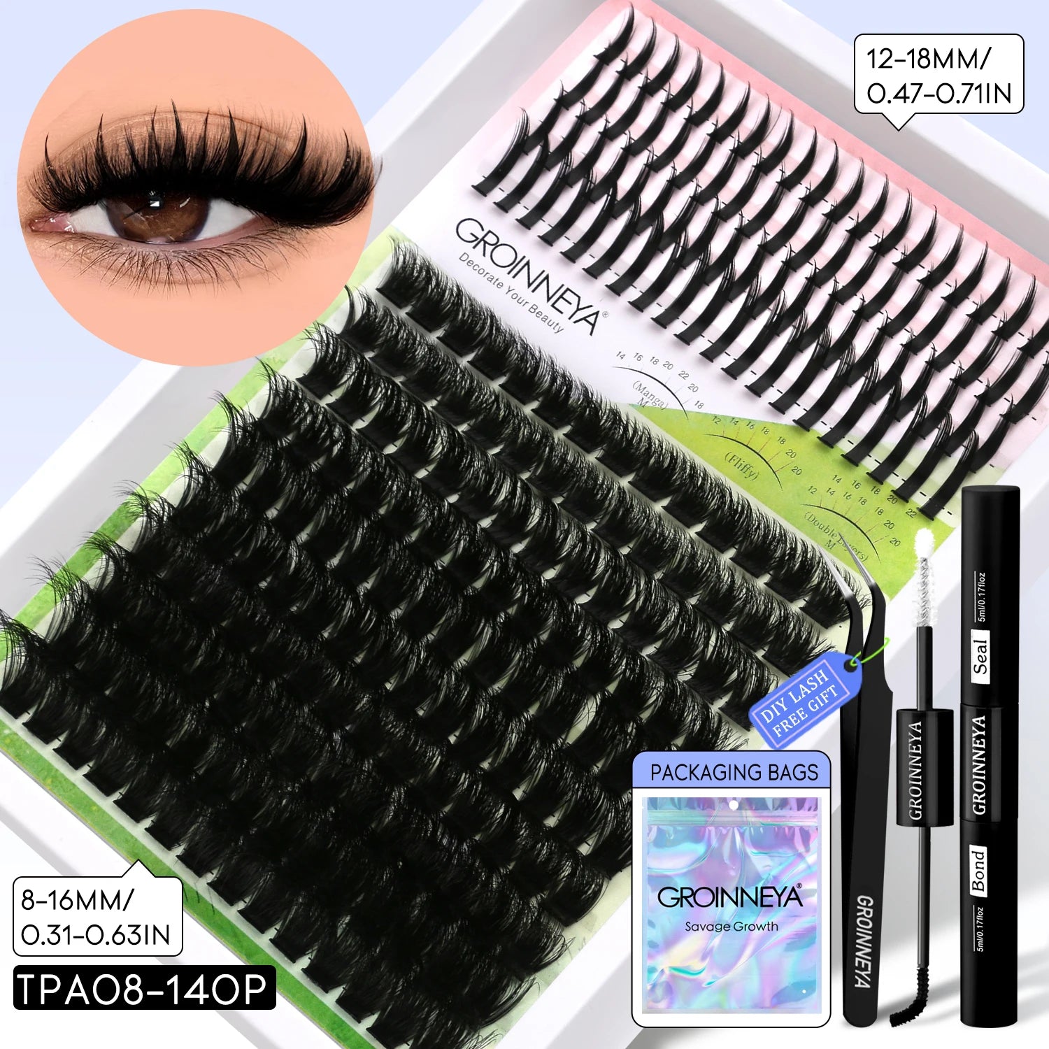 GROINNEYA Lash Clusters Kit DIY Manga Cluster Lashes Set Spikes Lashes Cluster Extension Full Set Individual Eyelashes Makeup