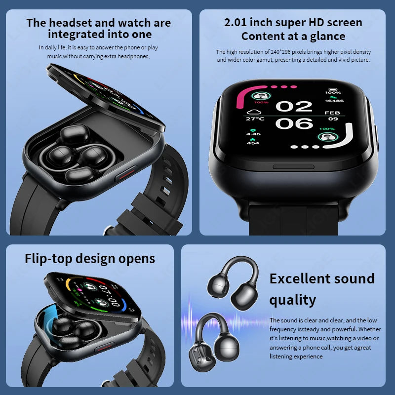 Montre connectée LIGE à écran HD 2,01 pouces, avec écouteurs intégrés, pour hommes et femmes, et appels Bluetooth. Nombreux cadrans disponibles.