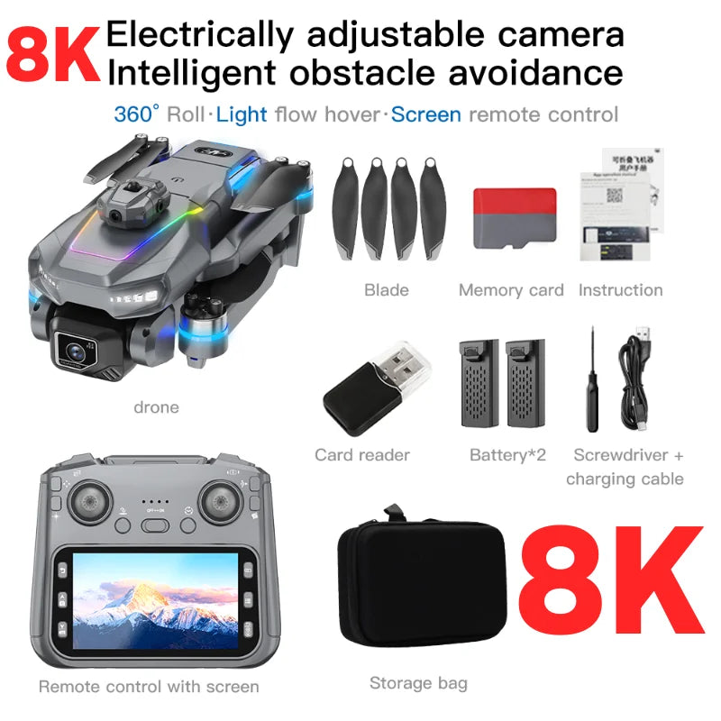 Drone AE19 GPS, écran LCD 4,3", double caméra 8K/4K, rotation à 360° avec détection d'obstacles, 3 options de batterie, quadricoptère radiocommandé professionnel, idéal pour les cadeaux et les voyages.