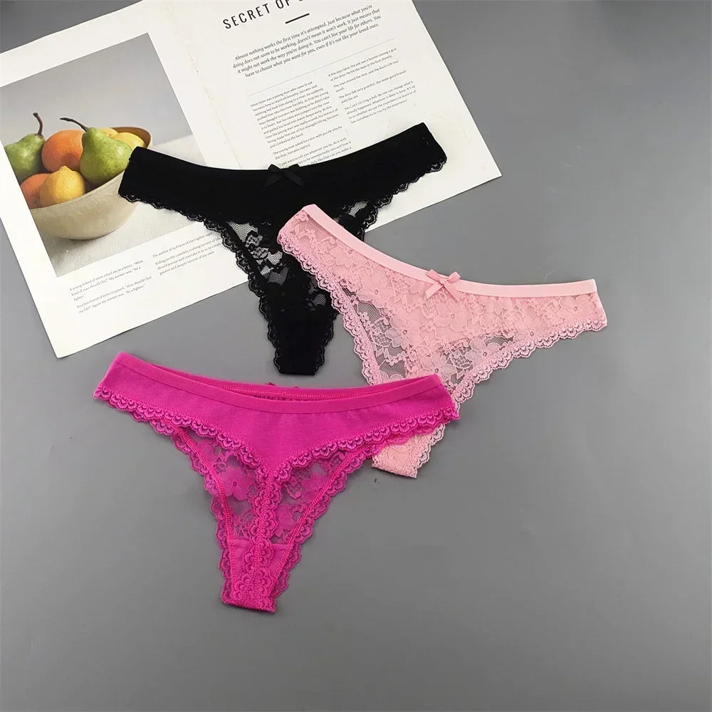 Lot de 3 culottes string sexy en dentelle transparente pour femme, sans coutures, style bikini, taille basse, tailles S à XXL