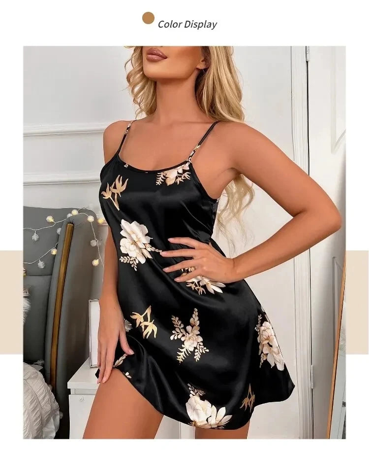 Vêtements de nuit pour femmes, vêtements d'intérieur, nuisette sexy noire à imprimé floral, chemises de nuit en soie, chemises de nuit pour femmes