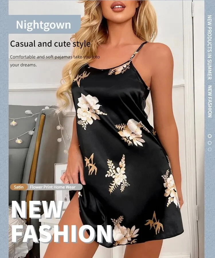 Vêtements de nuit pour femmes, vêtements d'intérieur, nuisette sexy noire à imprimé floral, chemises de nuit en soie, chemises de nuit pour femmes