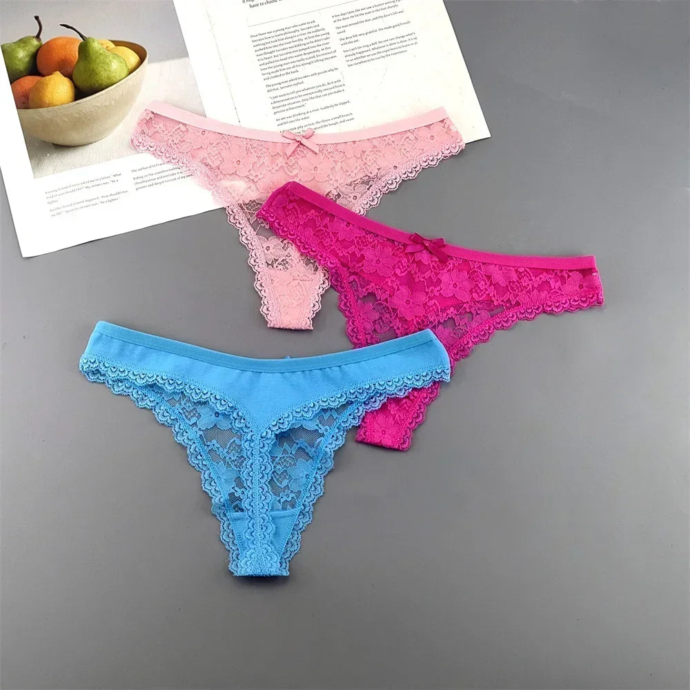 Lot de 3 culottes string sexy en dentelle transparente pour femme, sans coutures, style bikini, taille basse, tailles S à XXL