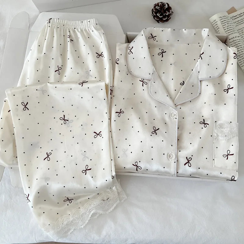 New Korean-Style Elegant Young Ladies' Pyjamas Summer New Arrival Short-Sleeved Polka Dot Bow Ice Silk Pyjama Set Homewear Set