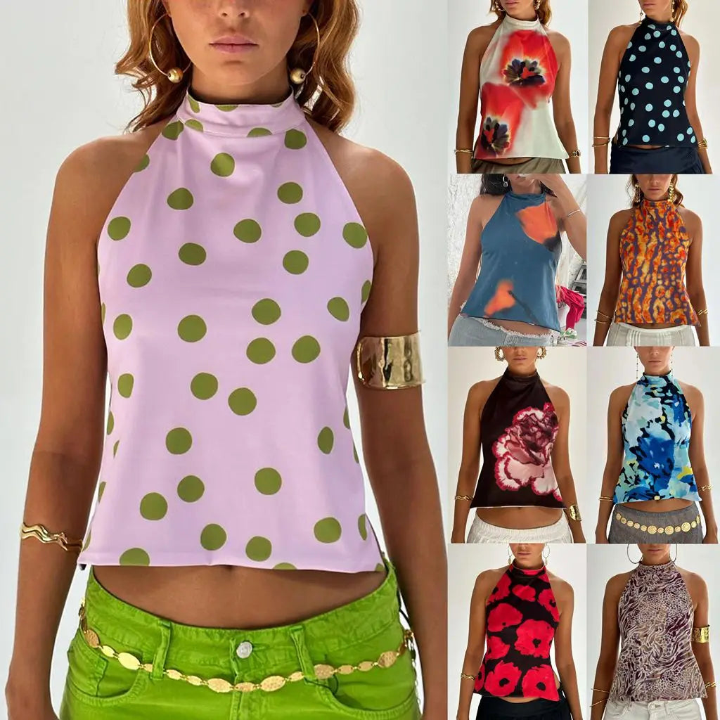 Combhasaki Débardeurs d'été pour femmes, style années 2000, à boutons, col halter, sans manches, dos nu, imprimé à pois/fleurs tie-dye