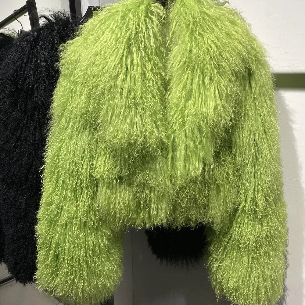 Manteau court en véritable fourrure de mouton de Mongolie, manches longues, pour femme.