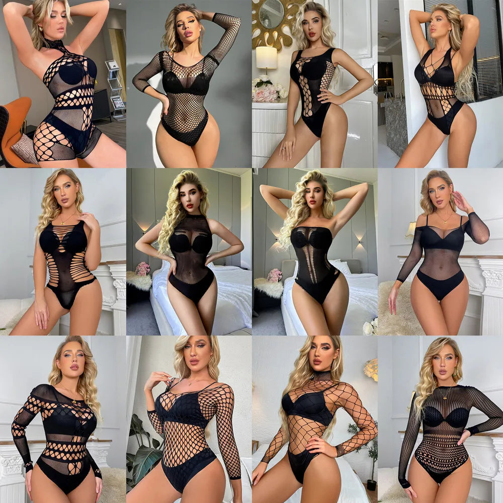 Nouvelle tenue de soirée tendance : body sexy en résille transparente ajourée, combinaison moulante et érotique.