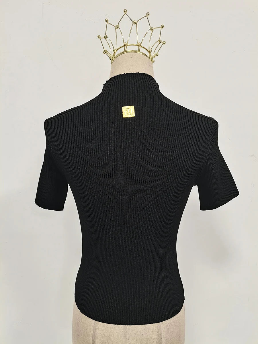 TWOTWINSTYLE Hollow Out Spliced Metal Buckle T Shirts For Women Turtleneck Short Sleeve Minimalist Slimming T Shirt Female 2025