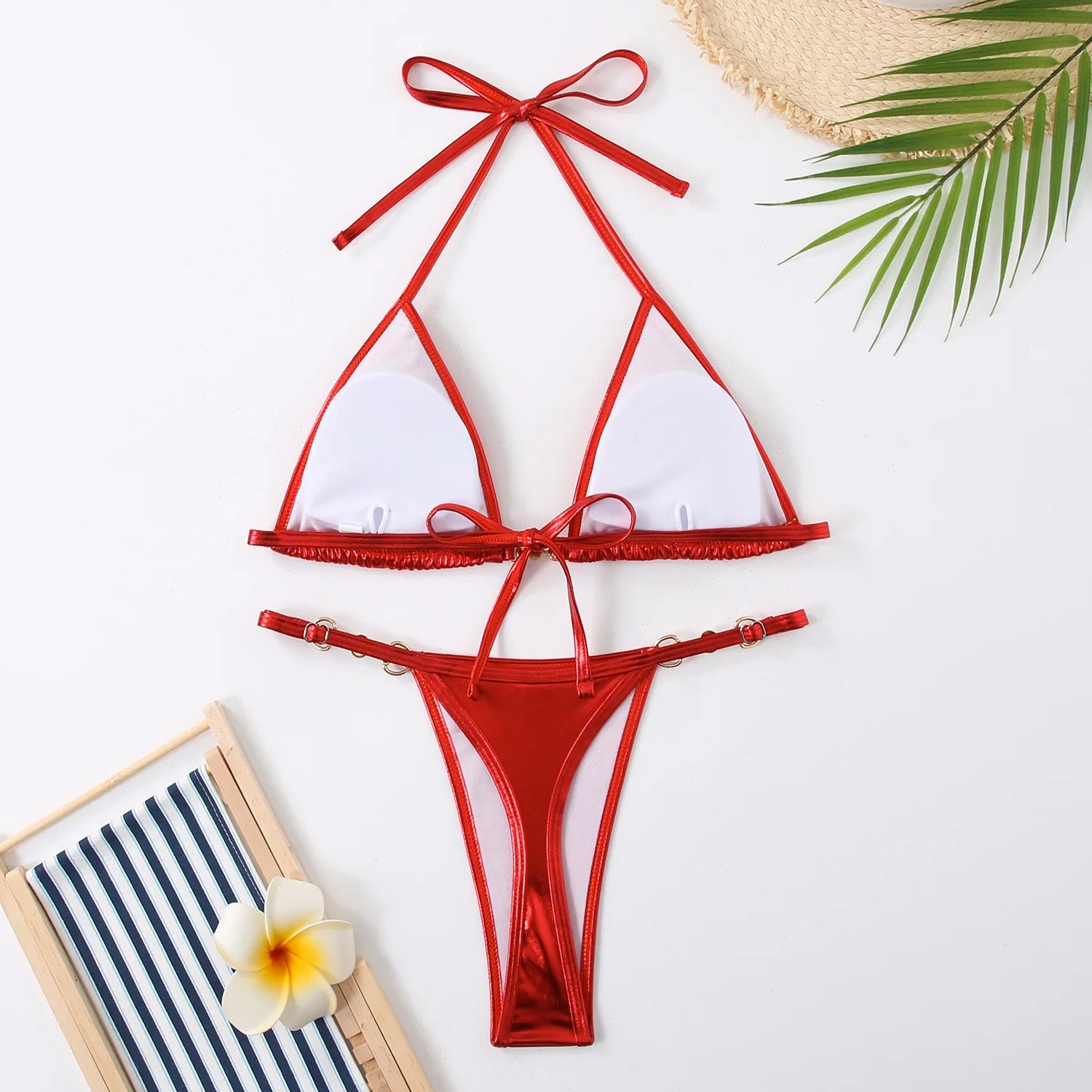 Micro bikini rose brillant 2025 Femme Sexy PU Perles Push-up String Maillot de bain été Maillot de bain bandage vacances