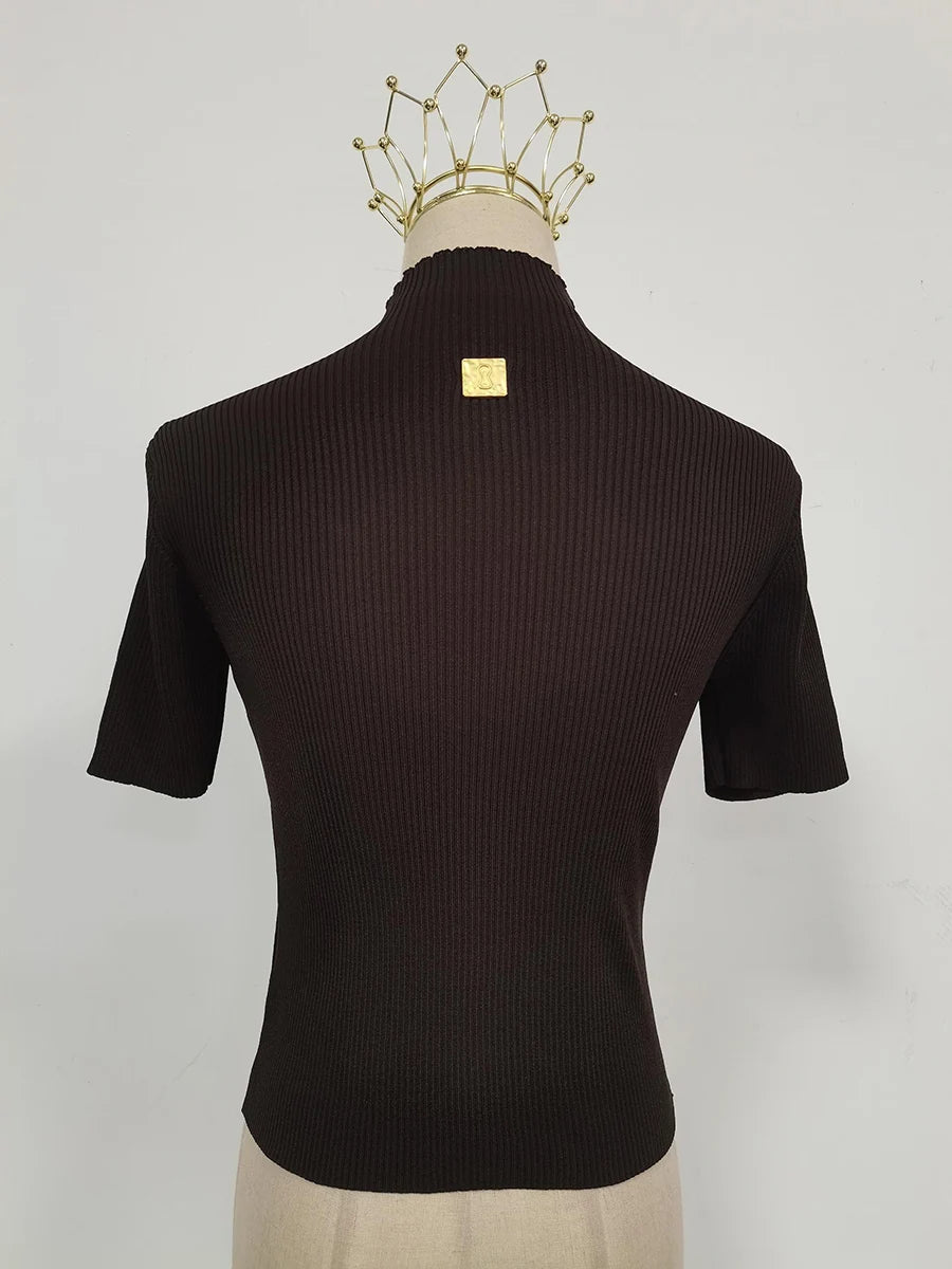 TWOTWINSTYLE Hollow Out Spliced Metal Buckle T Shirts For Women Turtleneck Short Sleeve Minimalist Slimming T Shirt Female 2025