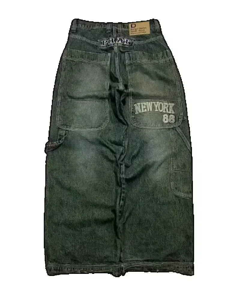 Jean tendance streetwear brodé de têtes de mort pour femme, style Harajuku Y2K, pantalon droit à jambes larges, style Joker, jean décontracté pour couple