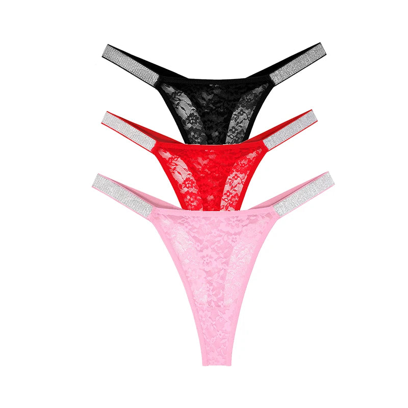 Lot de 3 strings sexy en dentelle pour femme, culottes fleuries transparentes, taille basse, deux ceintures brillantes, string confortable, lingerie intime