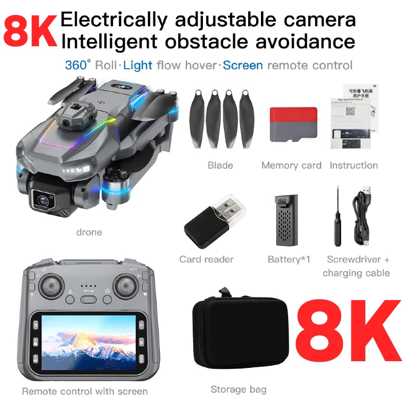 Drone AE19 GPS, écran LCD 4,3", double caméra 8K/4K, rotation à 360° avec détection d'obstacles, 3 options de batterie, quadricoptère radiocommandé professionnel, idéal pour les cadeaux et les voyages.