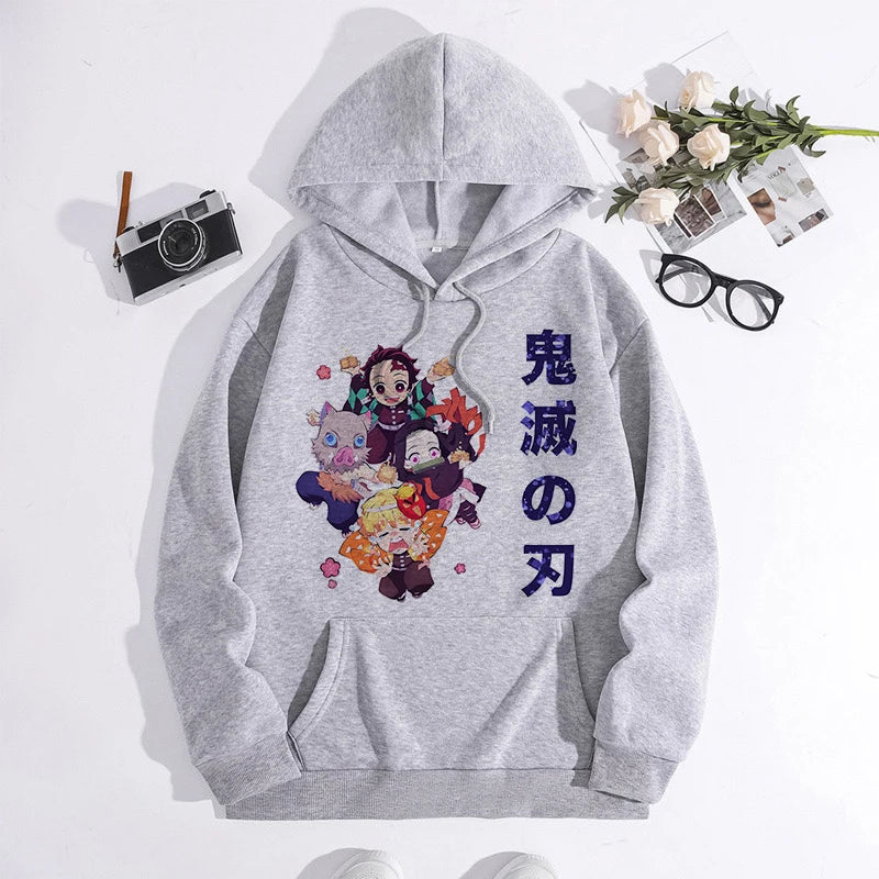 Japanese Anime Demon Slayer Hoodie Unisex Kamado Tanjirou Graphic Sweatshirts Greys Y2k Harajuku Fashion Cartoon Pullover Winter
