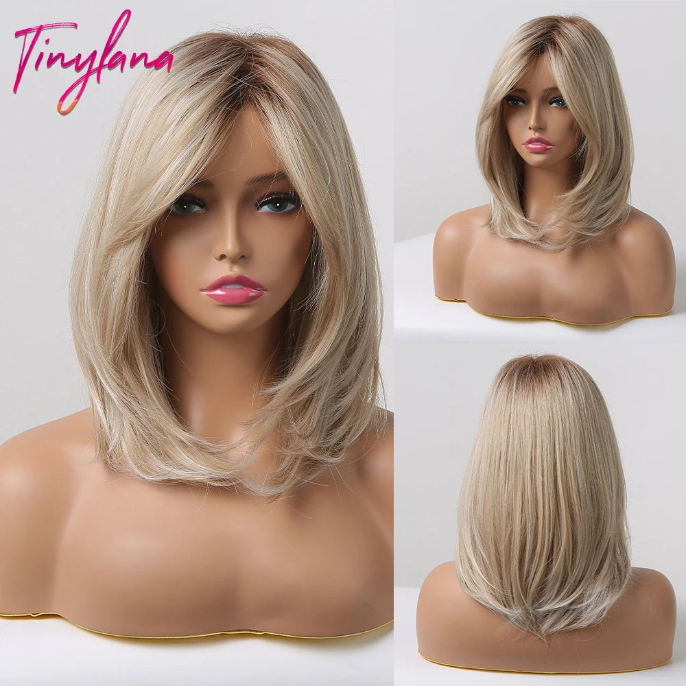 Perruque synthétique blanche, blonde et grise avec frange, coupe courte et lisse, idéale pour le cosplay et le quotidien. Cheveux naturels et résistants à la chaleur.