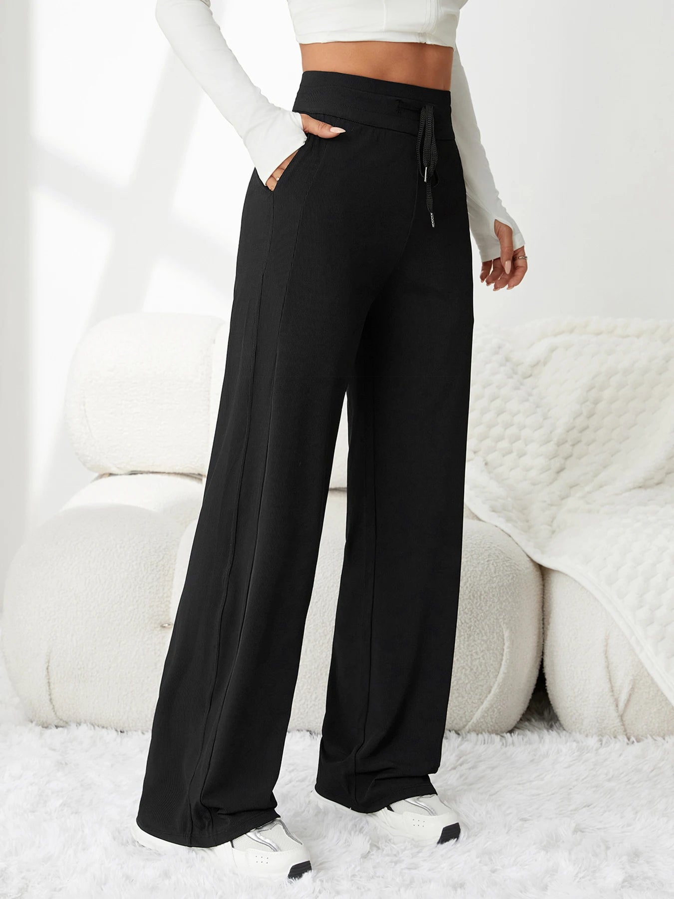 Pantalon rayé taille haute à cordon de serrage pour femme – Tissu drapé très extensible, coupe amincissante, idéal pour les loisirs et les trajets quotidiens