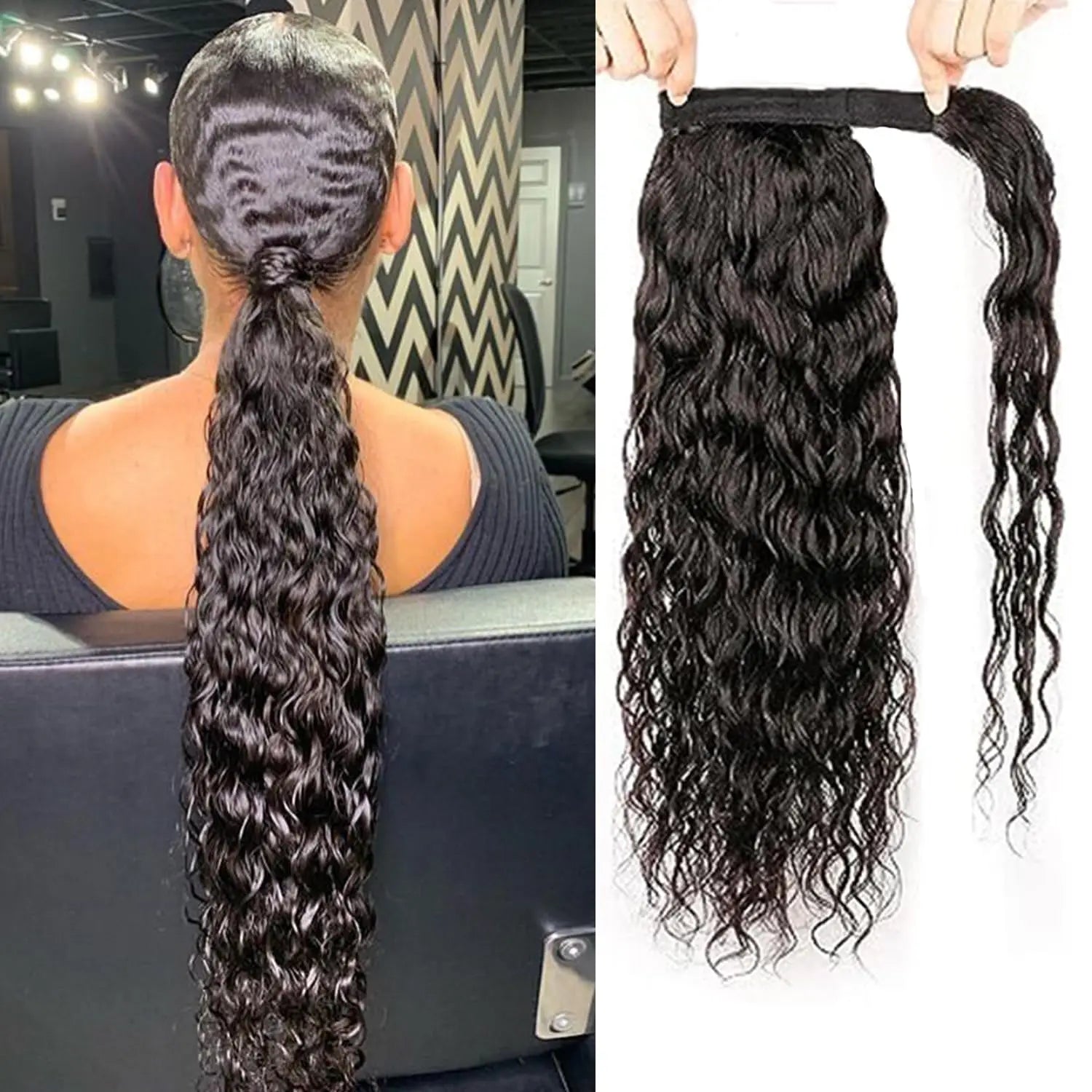 Queue de cheval lisse de 25 à 80 cm, confectionnée à la machine, avec clips magiques, extensions de cheveux humains brésiliens Remy noirs et bouclés.