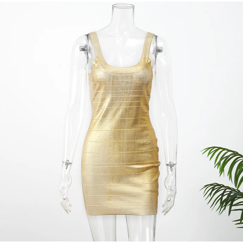 Robe mini sans manches dorée métallisée brillante, robe moulante brillante à bretelles, tenue glamour pour soirée, cocktail, bal de promo, mariage, invitée, cérémonie