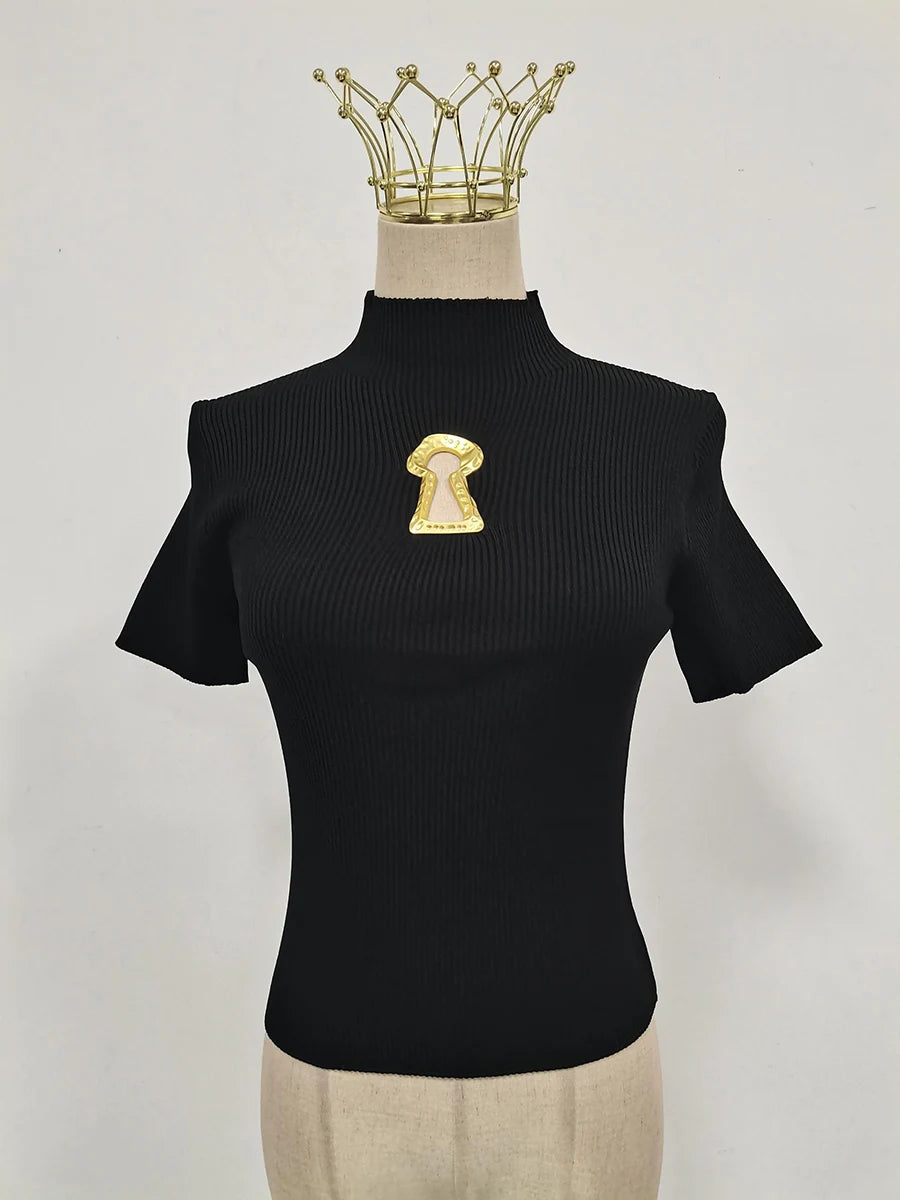 TWOTWINSTYLE Hollow Out Spliced Metal Buckle T Shirts For Women Turtleneck Short Sleeve Minimalist Slimming T Shirt Female 2025