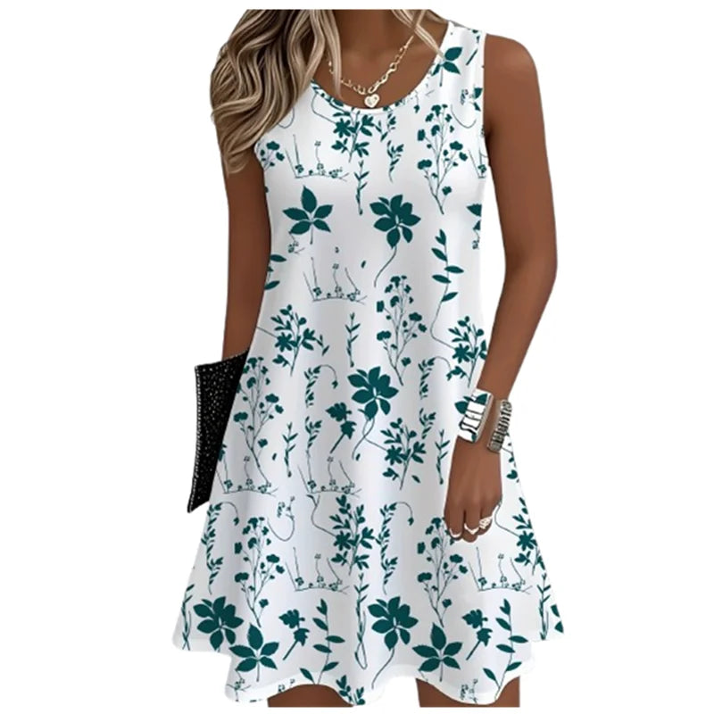 2025 Women Sundress Floral Dress Casual Sleeveless O-Neck Loose Mini Dress Summer Women'S Tank Flower 3D Print Beach Short Dress