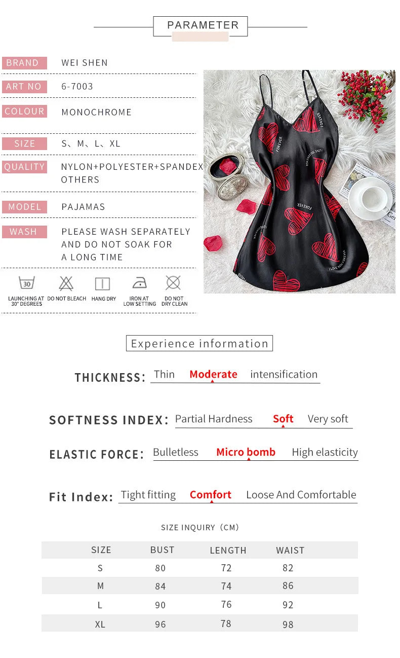 Nuisette en satin à imprimé lèvres rouges pour la Saint-Valentin, mini-robe de nuit dos nu à col en V, vêtements de nuit pour femmes